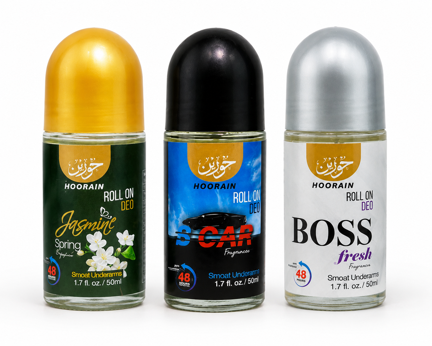 Hoorain Roll On Deo ā 48 Hours Protection | 50ml (Jasmine Spring, B Car, Boss Fresh)