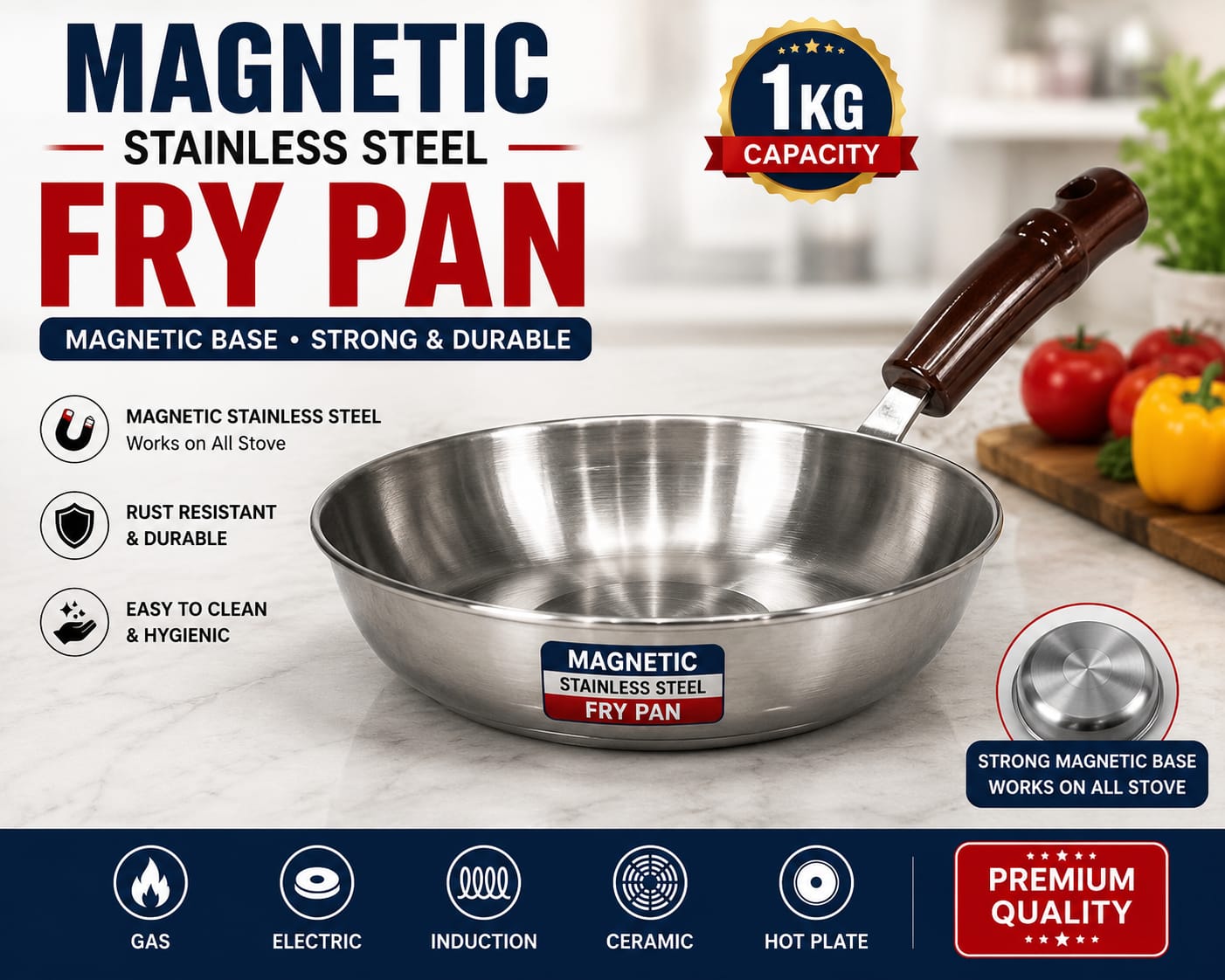 Magnetic Steel Fry Pan – 1 KG Capacity