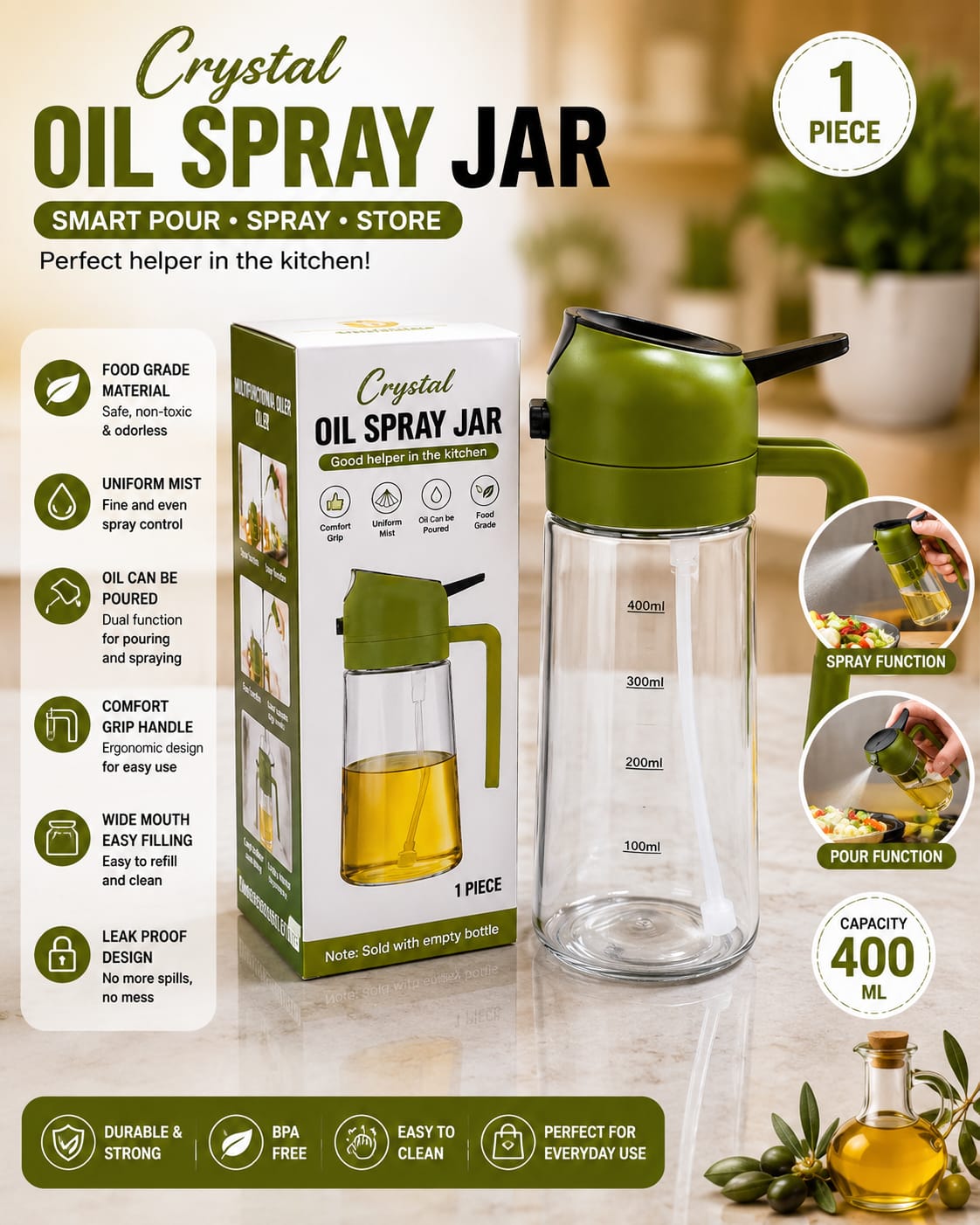 Crystal Oil Spray Jar 400ml | 2-in-1 Pour & Spray