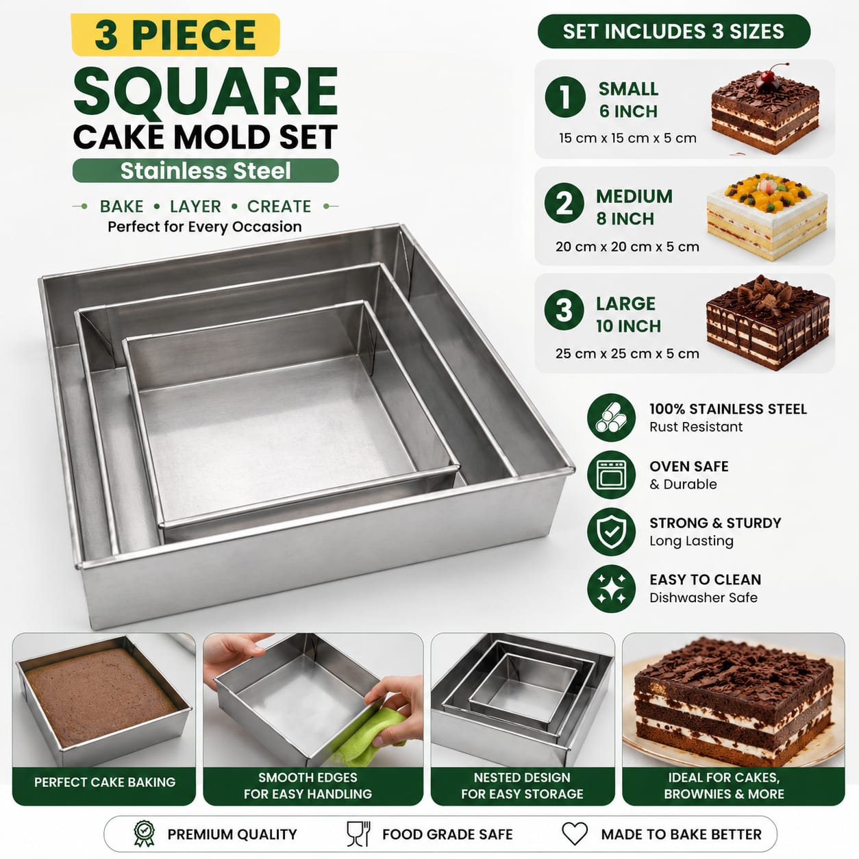 3 Piece Square Stainless Steel Cake Mold Set
