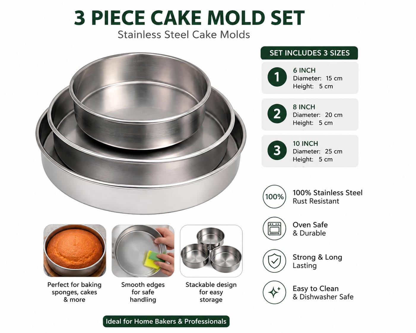 3 Piece Stainless Steel Cake Mold Set