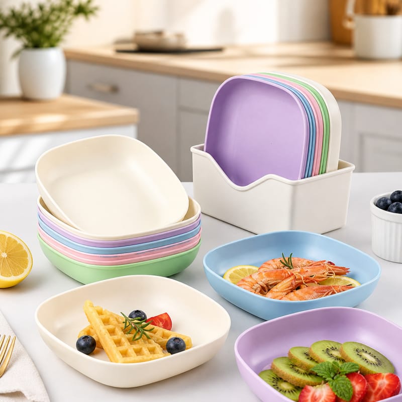 Pastel Wheat Straw Plates & Bowls Set – Multicolor (Set of 6)