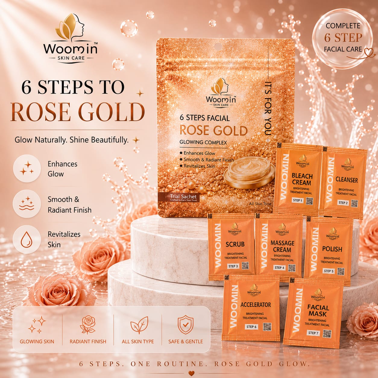 Woomin 6 Steps Rose Gold Facial Kit – Glowing Complex (Trial Sachet)
