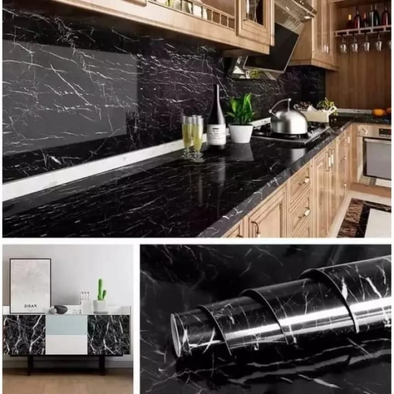 Black Marble Self-Adhesive Wallpaper – Waterproof PVC Contact Paper for Kitchen & Furniture