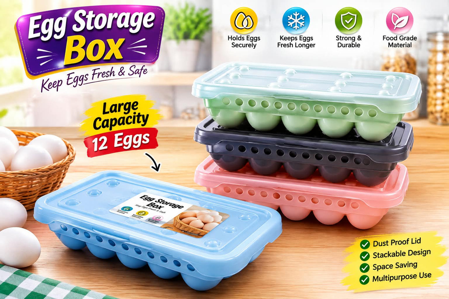 Egg Storage Box – 12 Egg Holder with Dust-Proof Lid