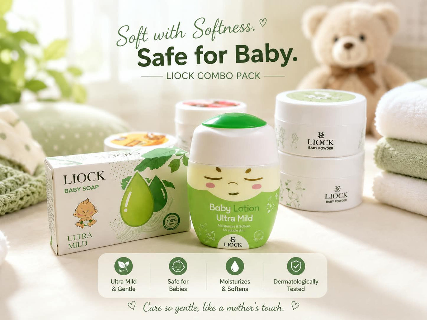 Liock Baby Combo Pack – Ultra Mild Baby Soap, Lotion & Powder Set