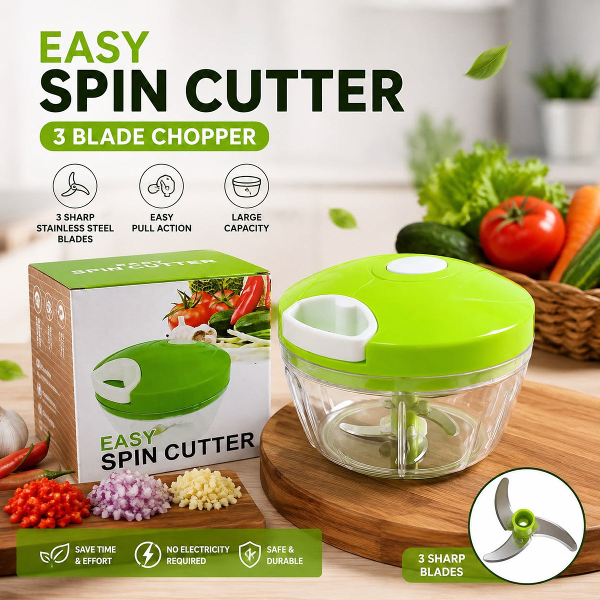 Easy Spin Cutter ā 3 Blade Chopper | No Electricity Required