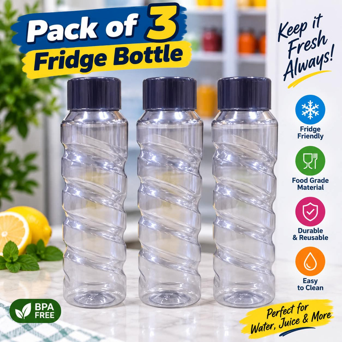 Fridge Bottle – Pack of 3 | BPA Free | Food Grade | Keep It Fresh Always!