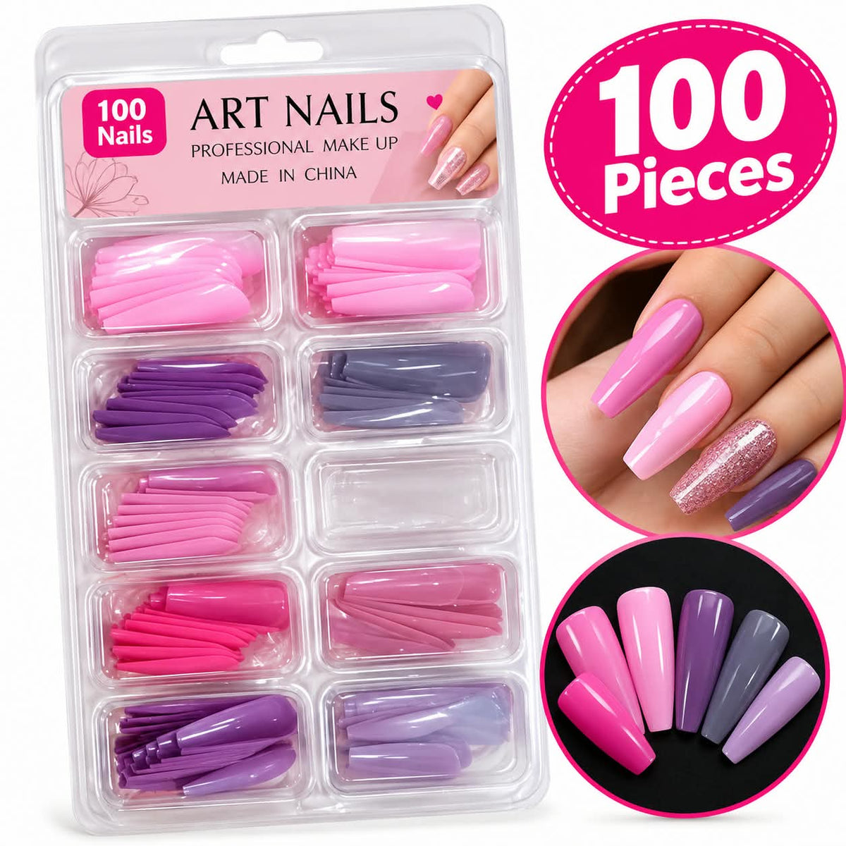 Art Nails Professional Colorful Coffin Nail Tips – 100 Pieces (Pink & Purple)