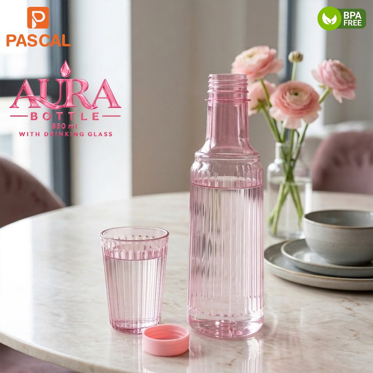 Pascal Aura Bottle 850ml with Drinking Glass – BPA Free