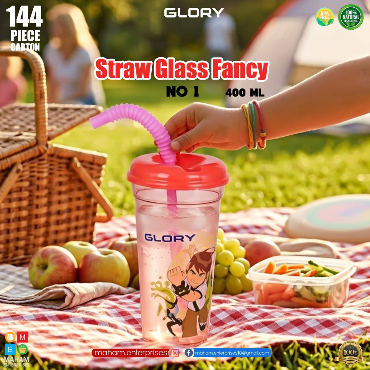 Green and pink printed Glory straw cups with lids and flexible straws