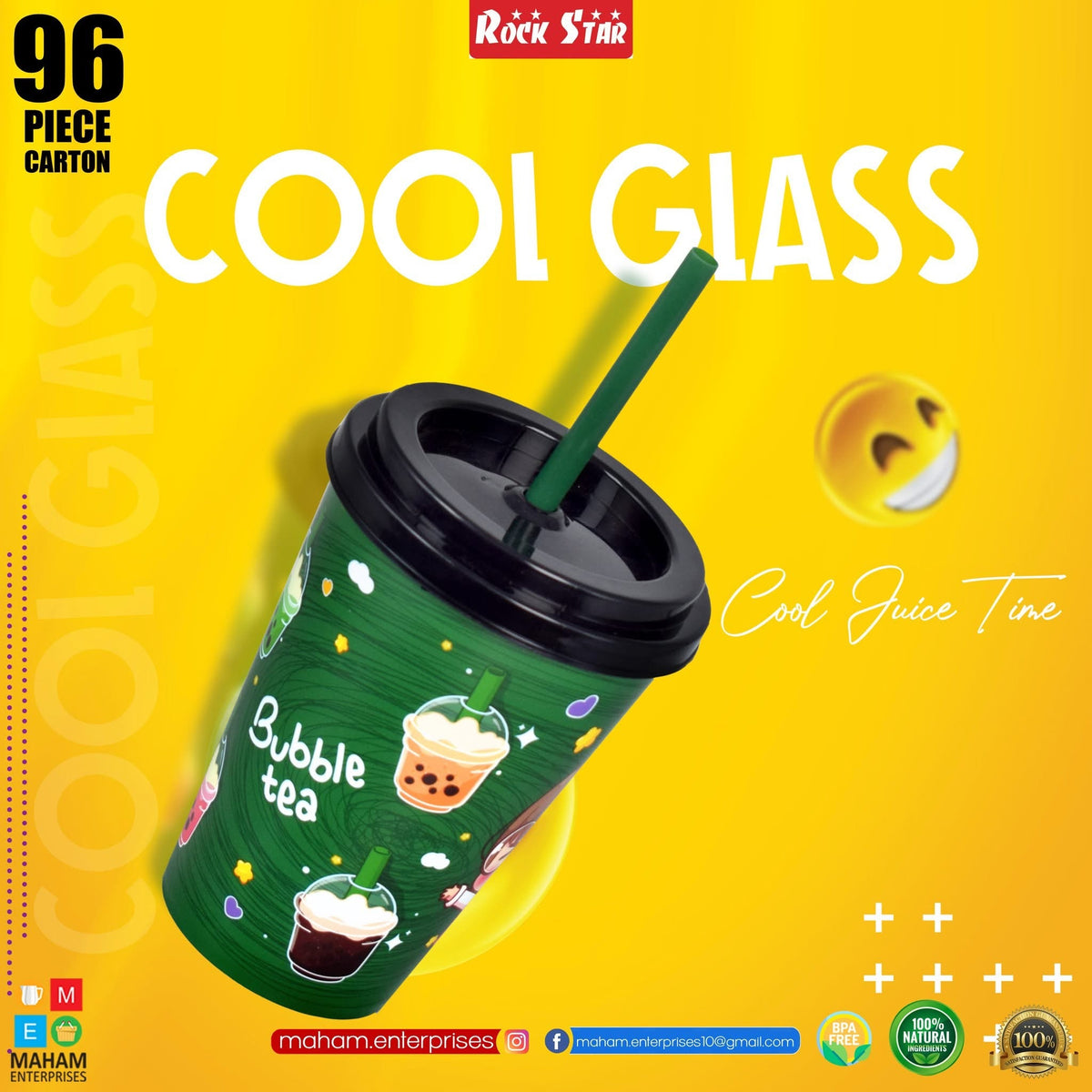 Green printed Rock Star Cool Glass cup with dark lid and green straw