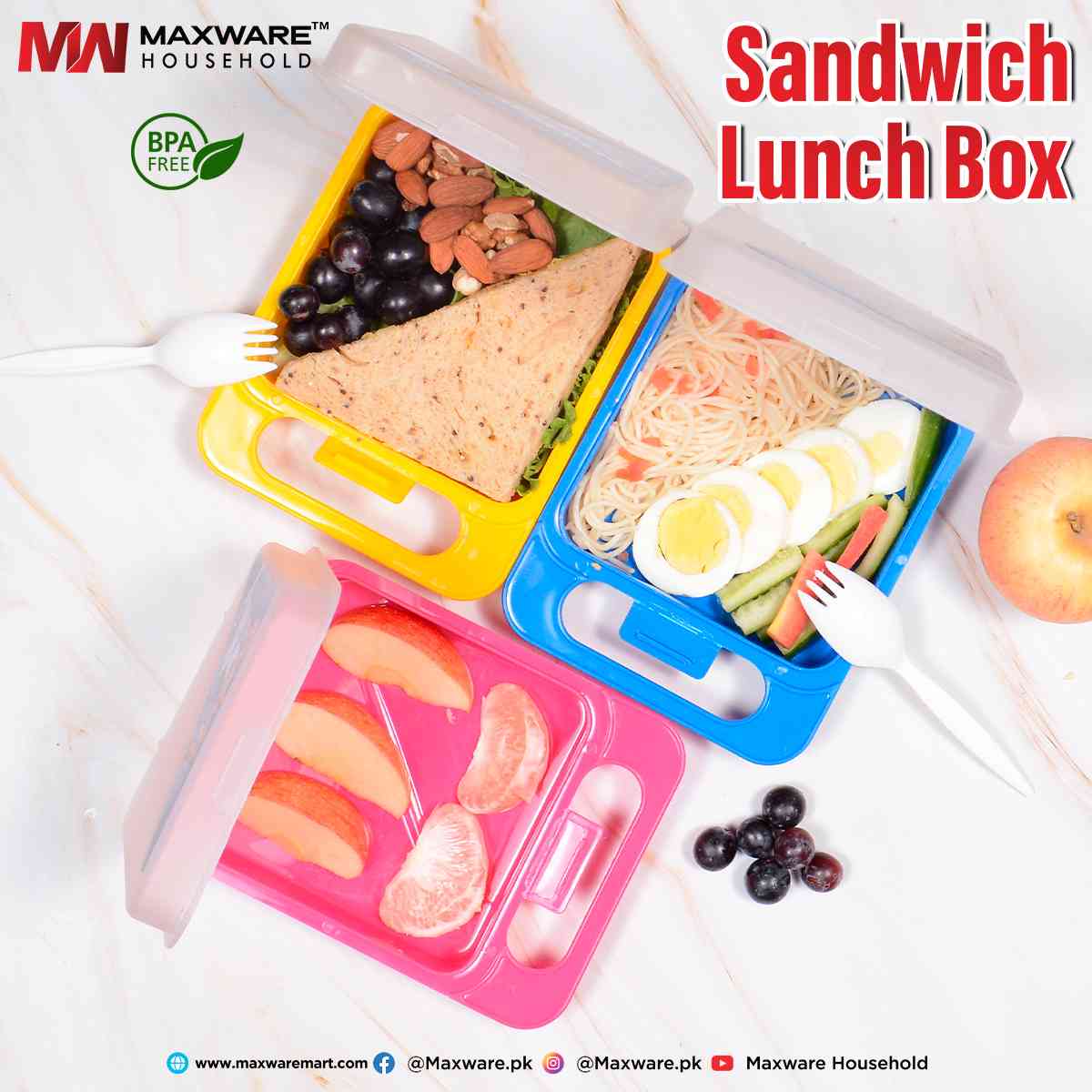 Maxware Sandwich Lunch Box - BPA Free with Fork | 3 Compartments