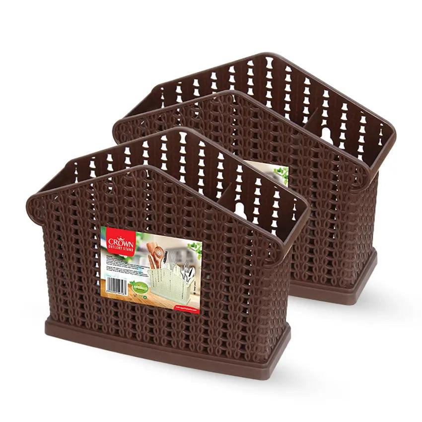 Apollo Crown Cutlery Stand ā Rattan Style Plastic Organizer with Drainer Tray