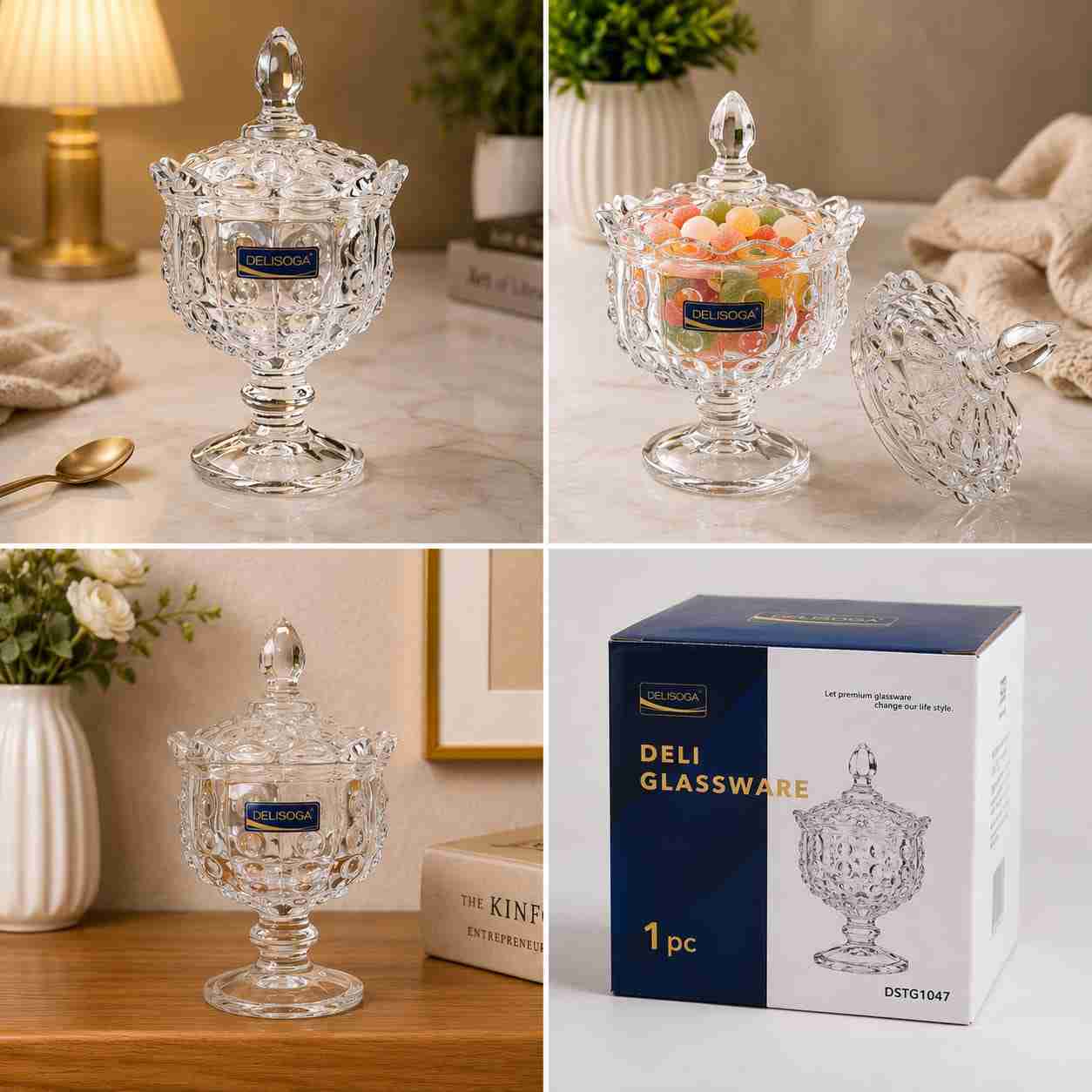 Delisoga Crystal Glass Candy Jar with Lid – Elegant Decorative Storage Bowl