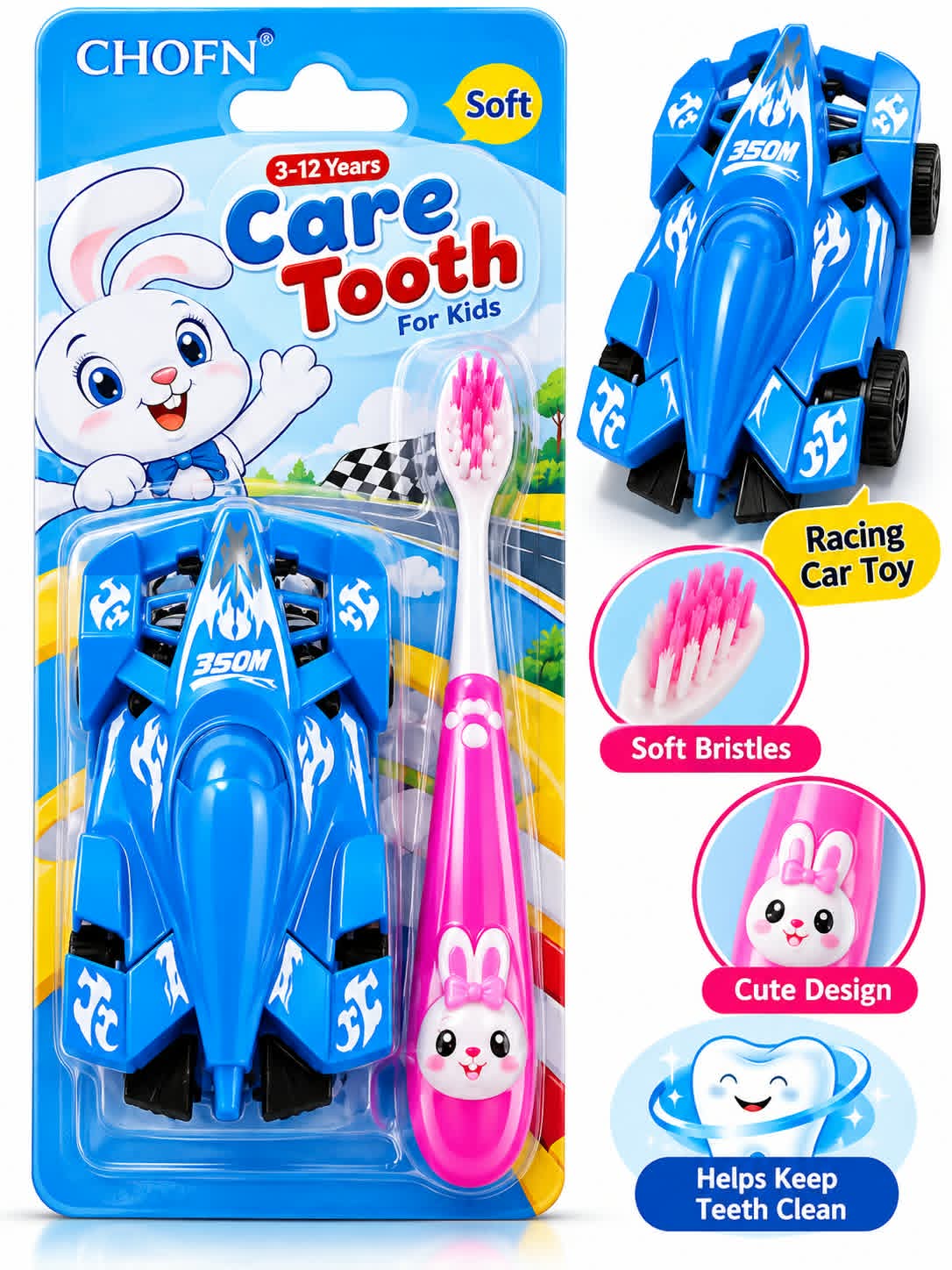CHOFN Kids’ Soft Toothbrush with Racing Car Toy