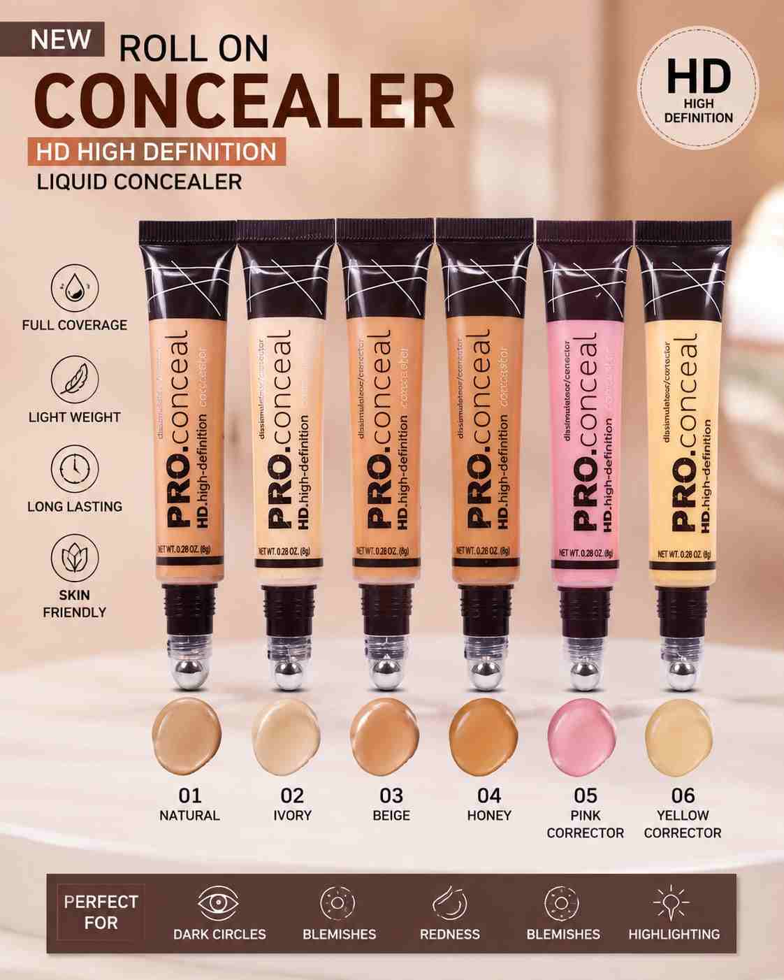 PRO.conceal HD Roll On Liquid Concealer – Full Coverage (6 Shades)