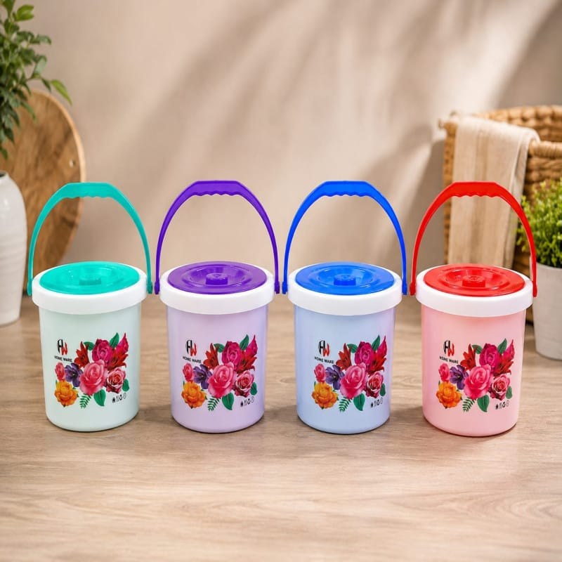 Home Ware Floral Plastic Bucket with Lid & Handle – 4 Colors
