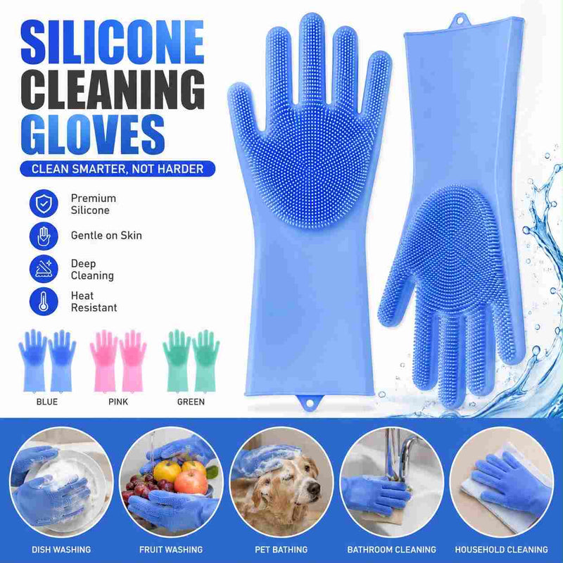 Silicone Cleaning Gloves – Premium Heat Resistant Deep Cleaning Gloves (Blue, Pink, Green)