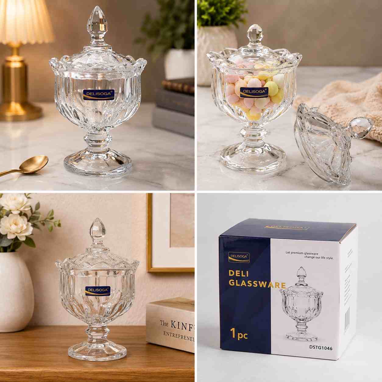 Delisoga Crystal Glass Candy Jar with Lid – Premium Decorative Glassware (DSTG1046)