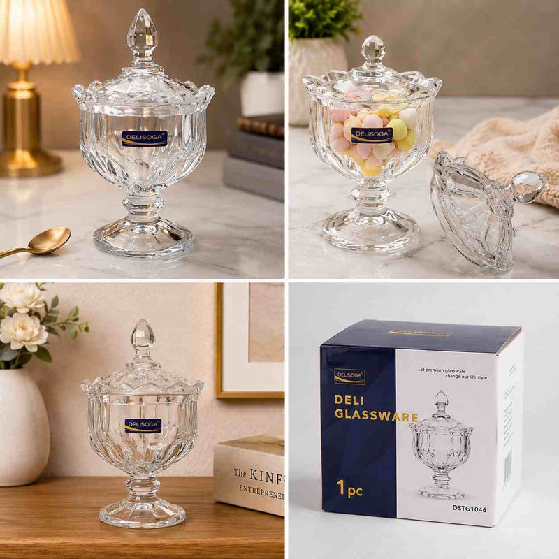 Delisoga Crystal Glass Candy Jar with Lid – Premium Decorative Glassware (DSTG1046)