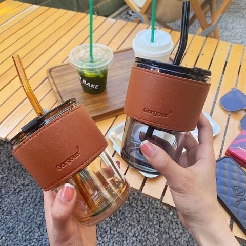 Glass Tumbler with Leather Sleeve & Straw