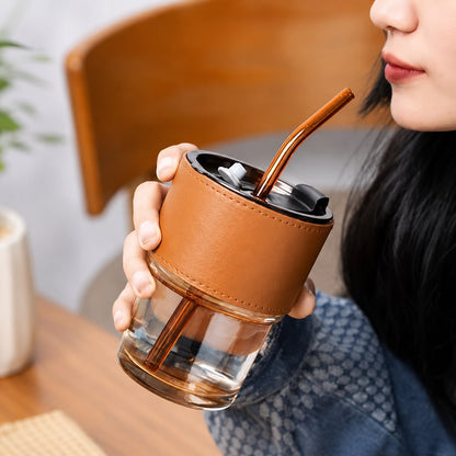 Glass Tumbler with Leather Sleeve & Straw