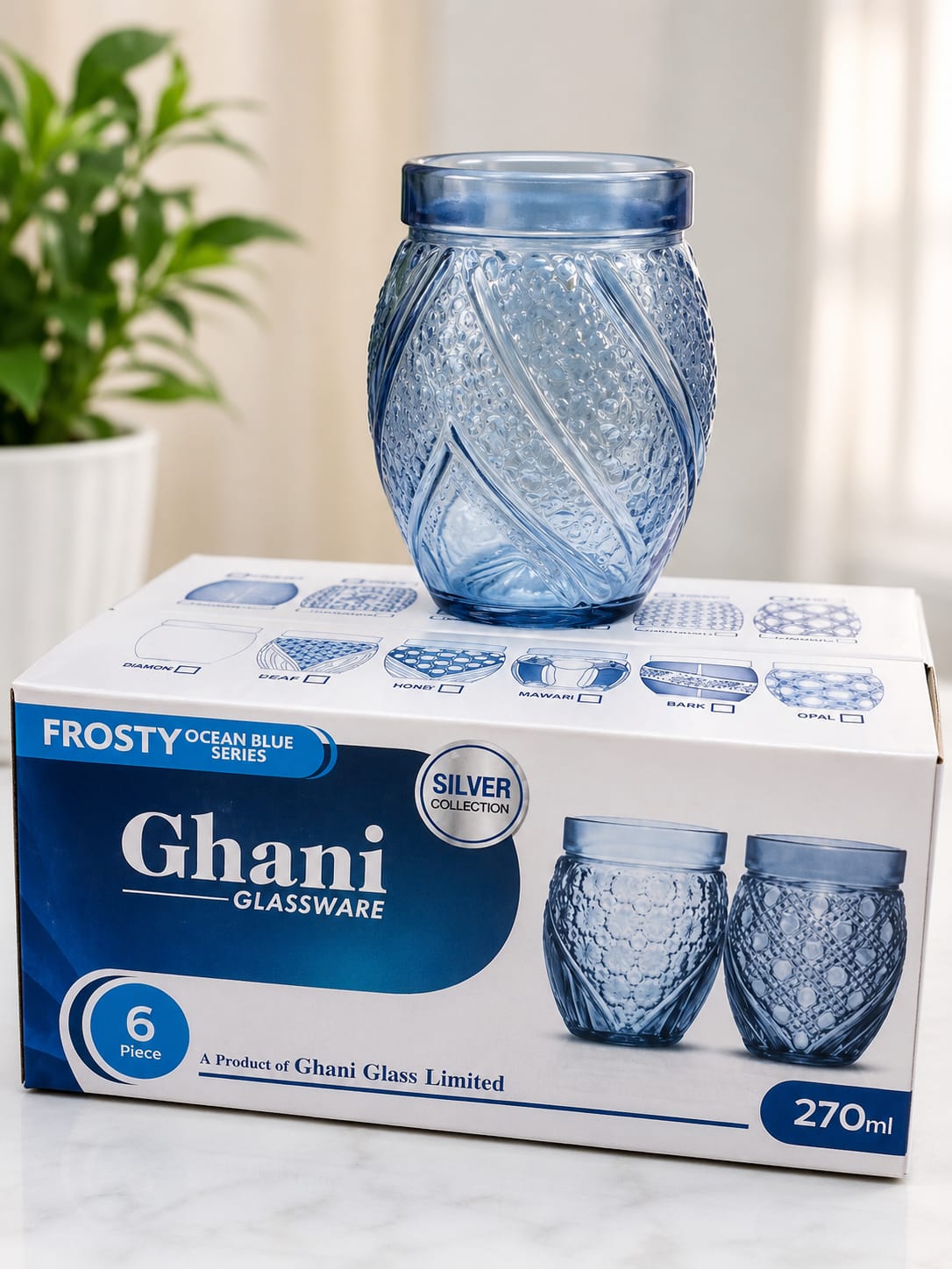 Ghani Glassware Frosty Ocean Blue Series – Set of 6 (270ml)