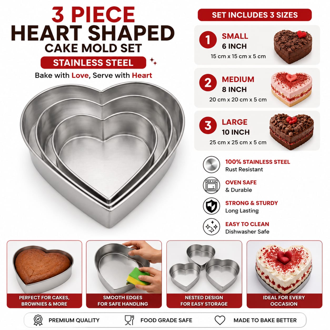 3 Piece Heart Shaped Stainless Steel Cake Mold Set