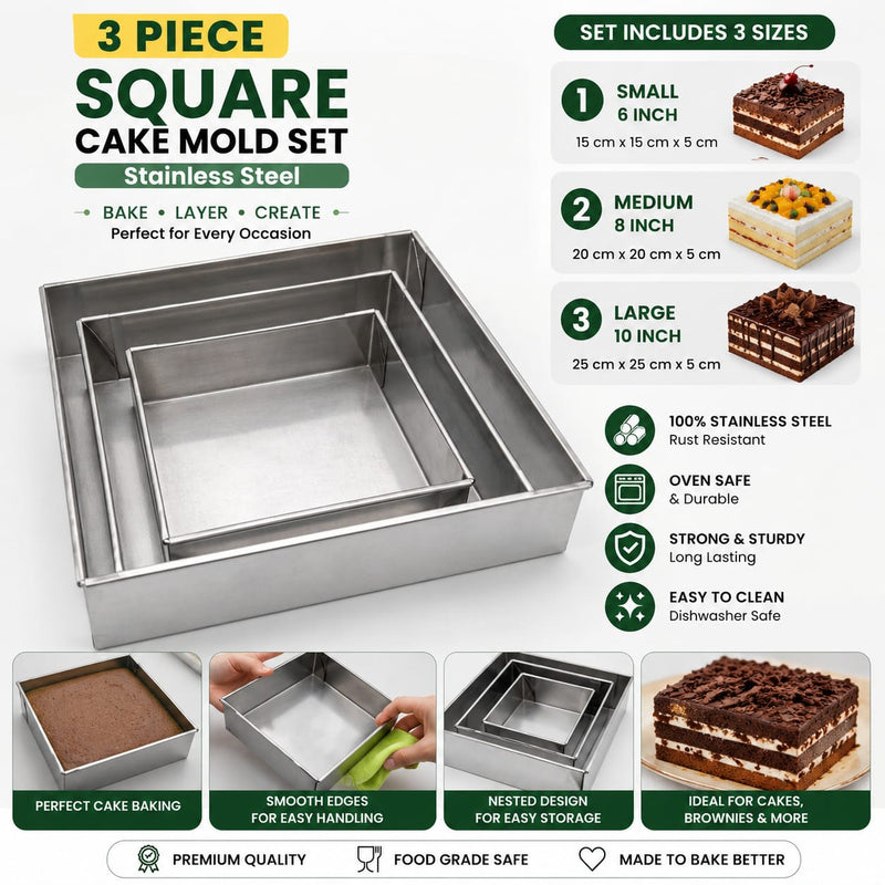 3 Piece Square Stainless Steel Cake Mold Set