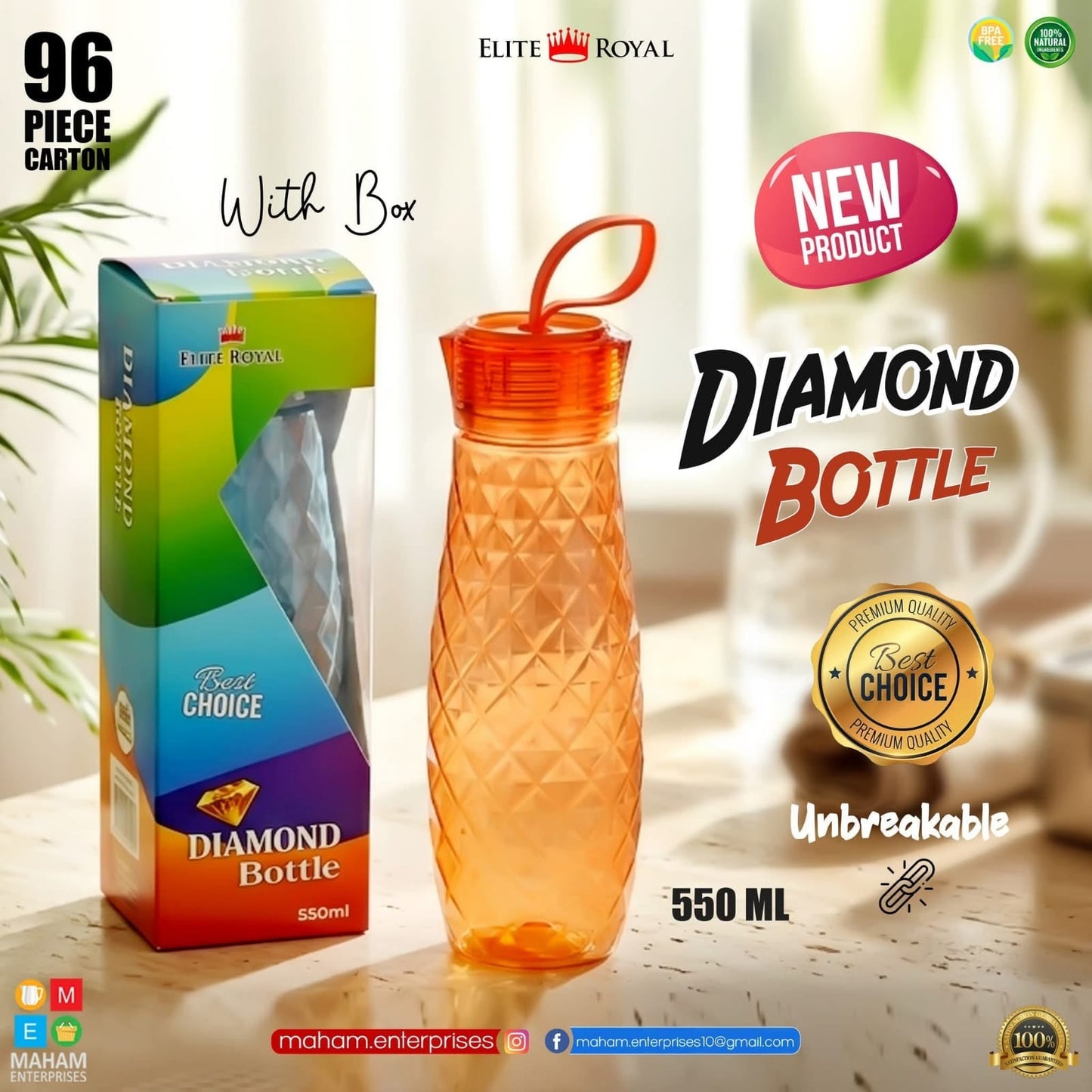 Elite Royal Diamond Bottle – 550 ML | Unbreakable BPA Free Water Bottle