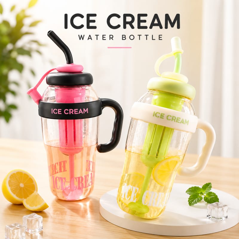 Ice Cream Water Bottle – Large Straw Bottle with Handle