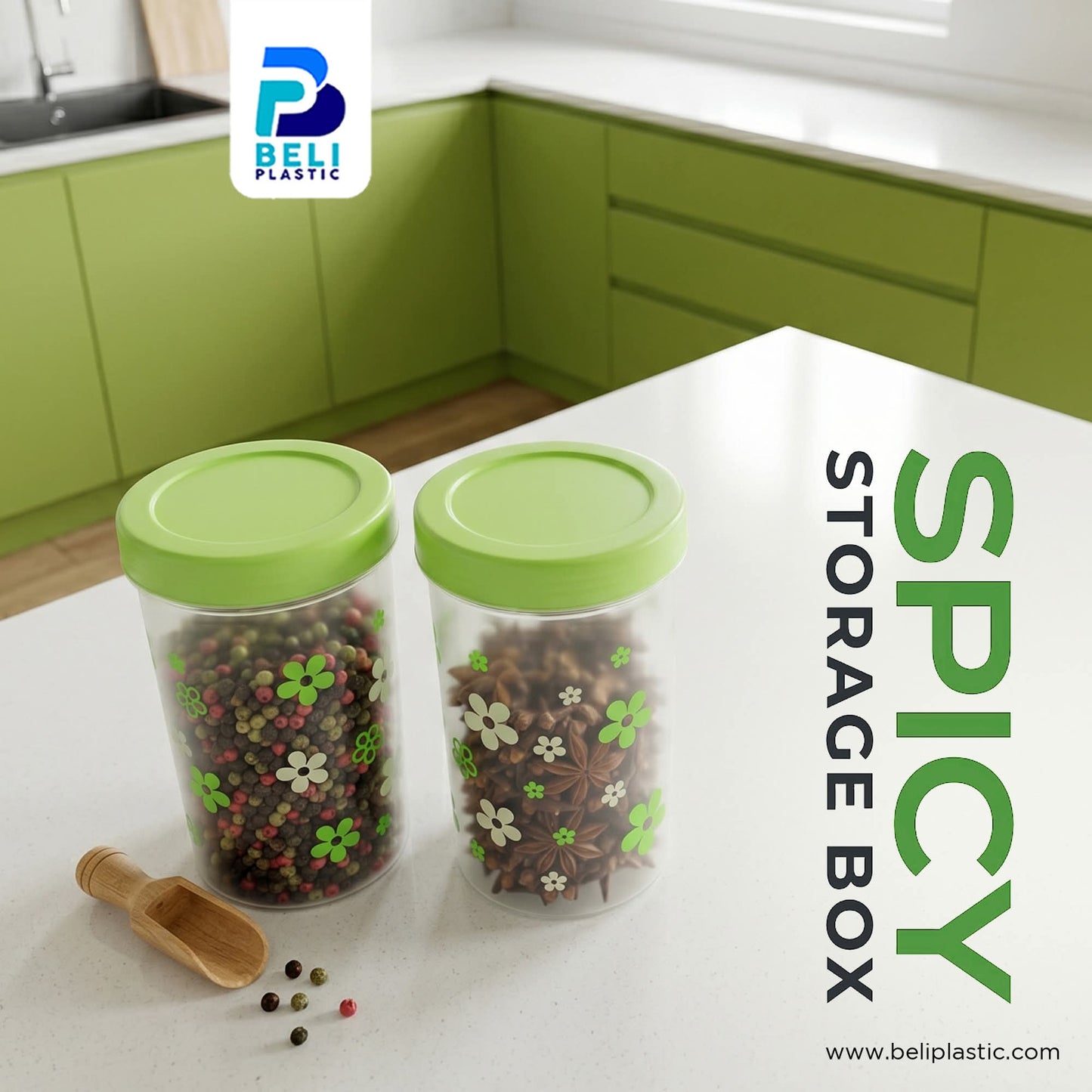 Beli Plastic Spicy Storage Box – Transparent Spice Jars with Green Lid (Set of 2)