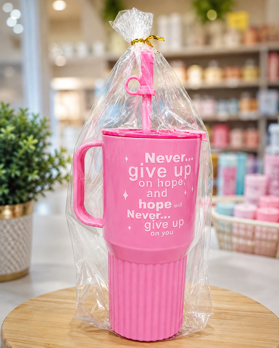 Blue tumbler mug with hope quote, gift wrapped