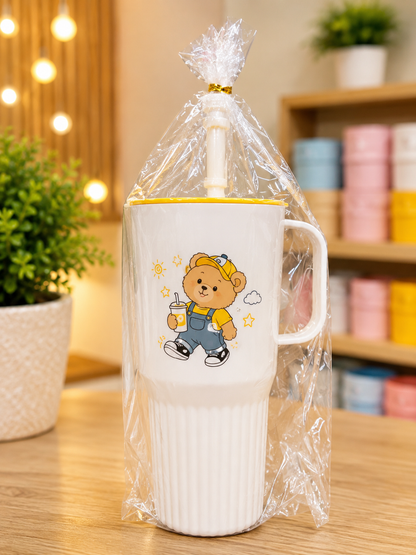 White tumbler mug with cute bear print, gift wrapped
