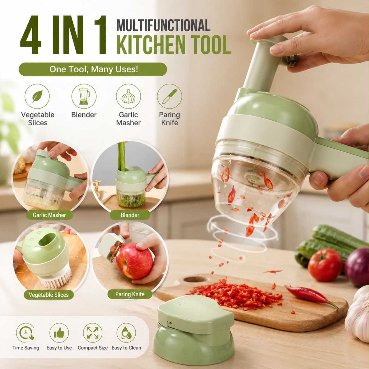 4-in-1 Multifunctional Kitchen Tool – Chopper, Blender, Garlic Masher & Paring Knife