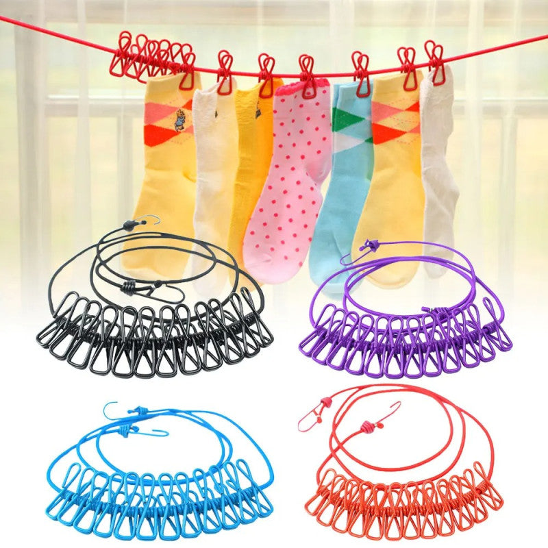 Portable Travel Clothesline with 12 Clips – Elastic Drying Rope