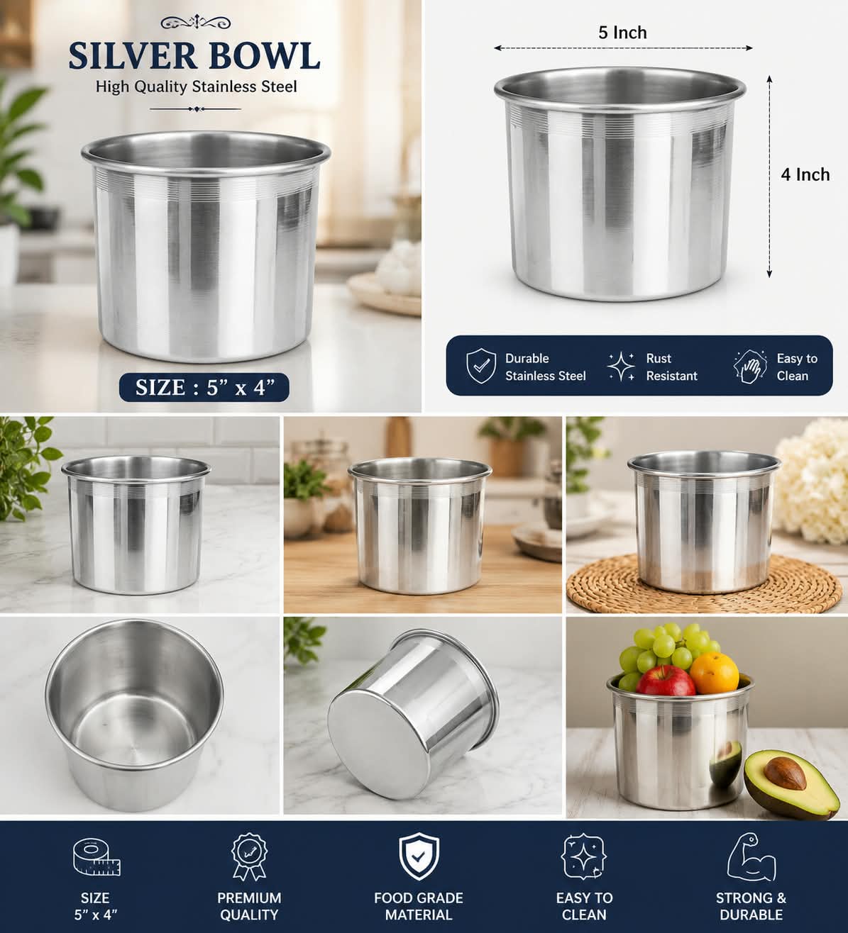Silver Bowl – High Quality Stainless Steel 5" x 4"