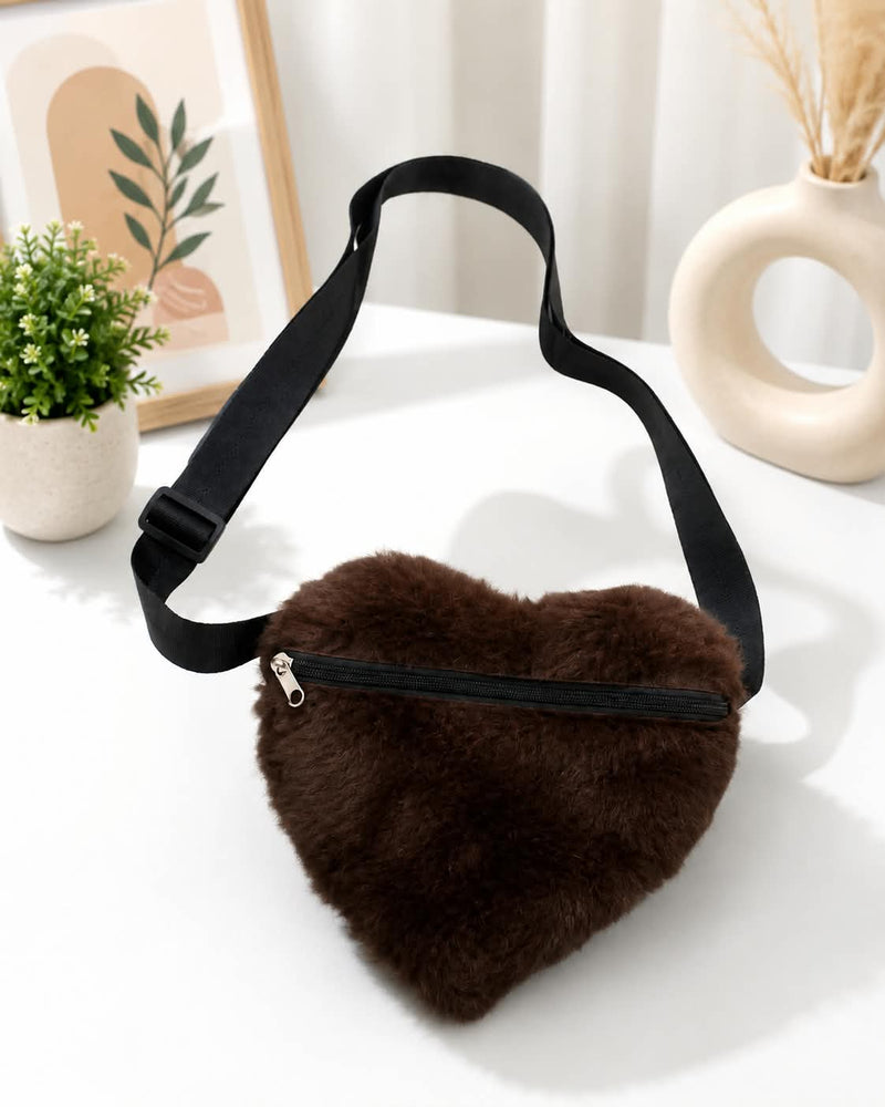 Heart-Shaped Plush Crossbody Bag – Fluffy Faux Fur with Zipper & Adjustable Strap