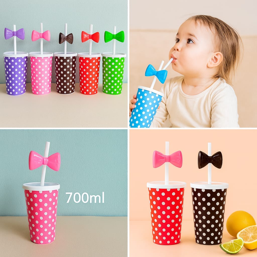 Kids Bow Straw Cup – 700ml Polka Dot Tumbler with Lid & Bow Straw