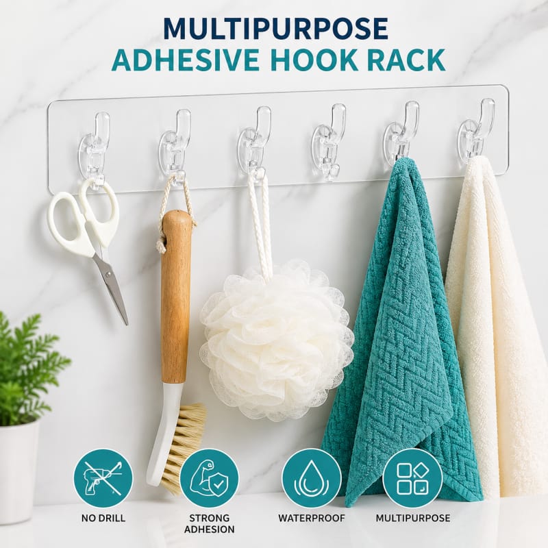Multipurpose Adhesive Hook Rack – 6 Hooks, No Drill, Waterproof