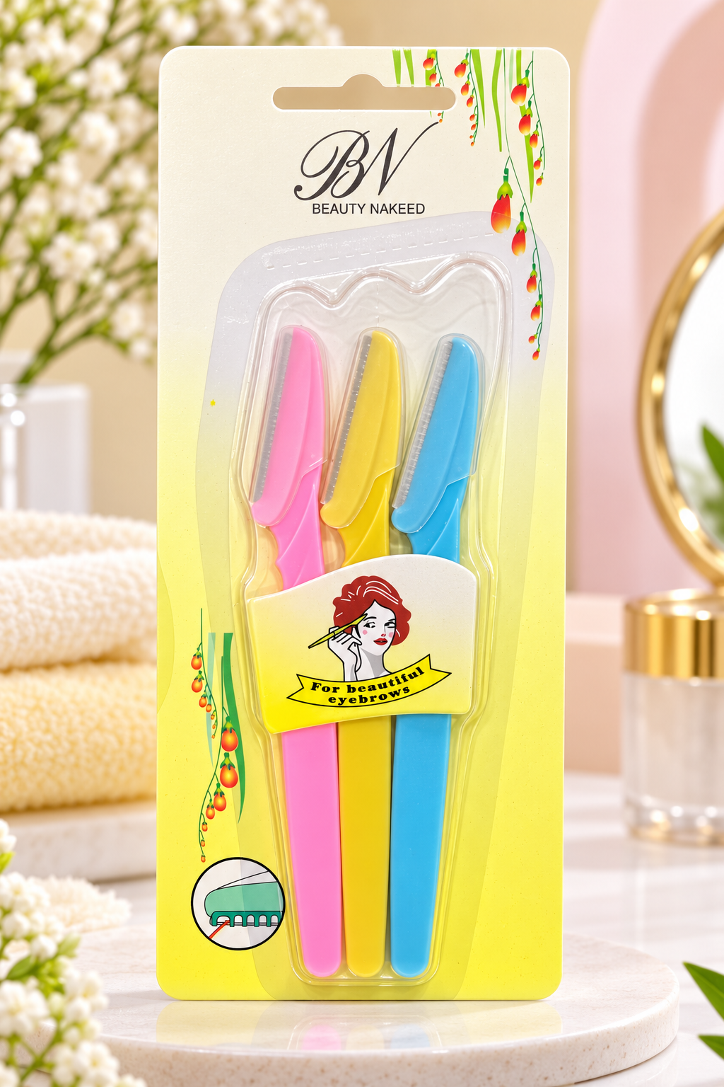 Beauty Nakeed Eyebrow Razor – 3 Pack (Pink, Yellow & Blue)