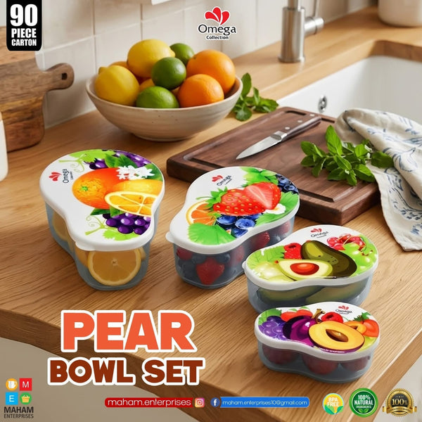 Pear Bowl Set – 4 Pcs BPA Free Food Storage Containers with Printed Lids
