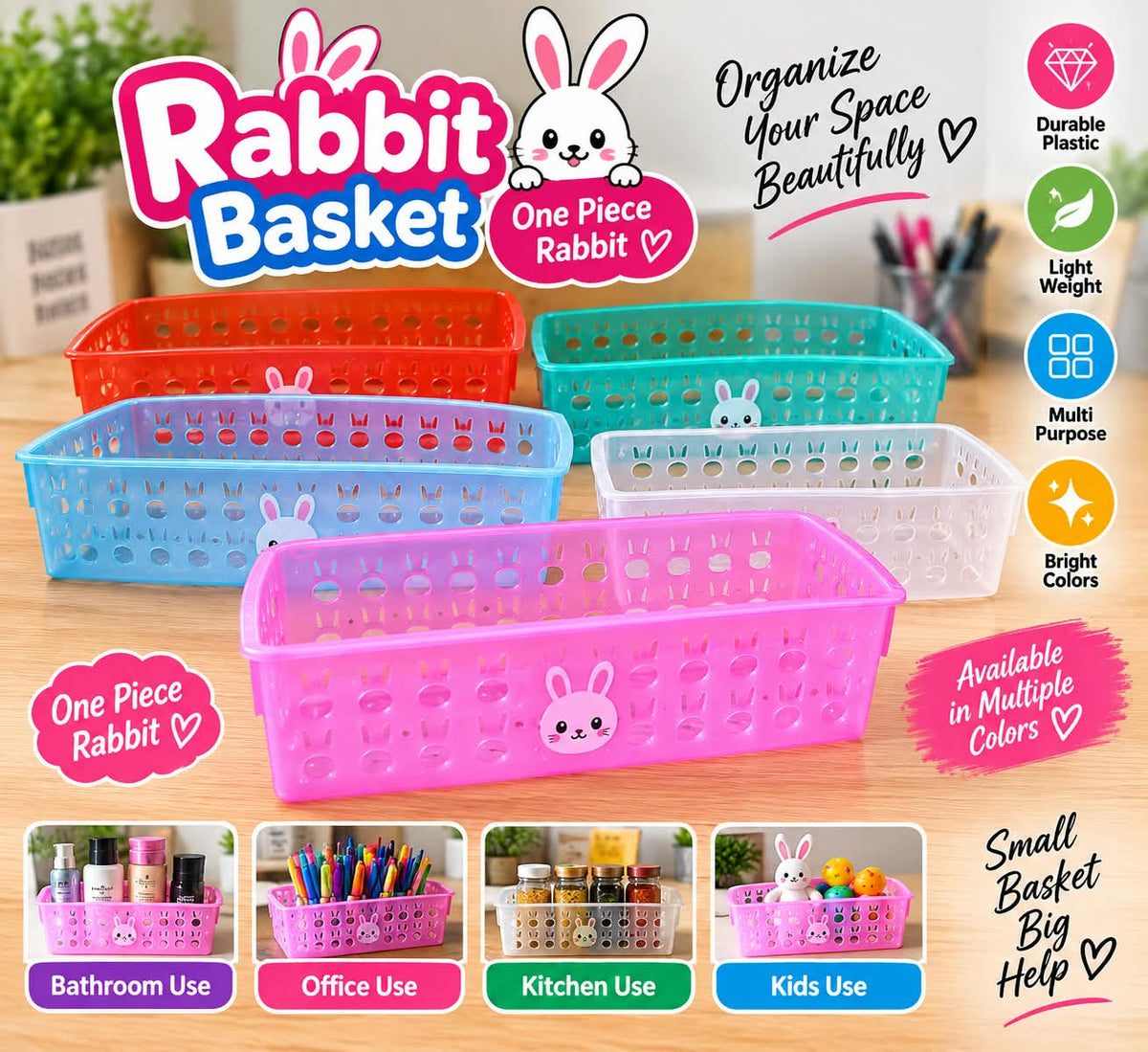 Rabbit Basket – Multi-Purpose Plastic Organizer | Bright Colors