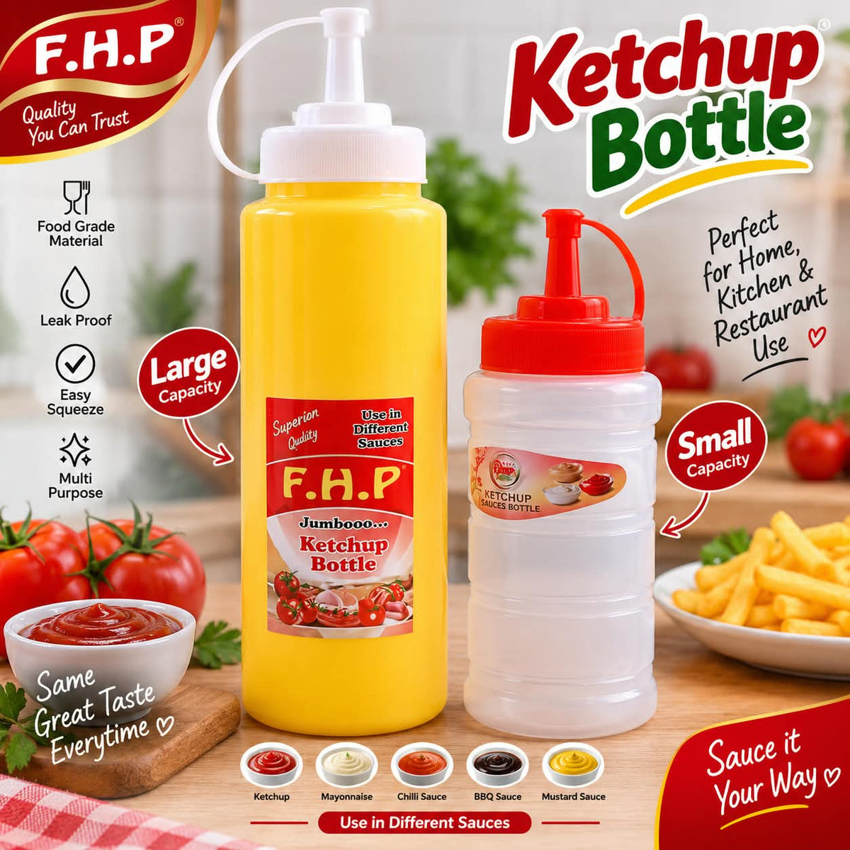 F.H.P Ketchup Sauce Bottle – Leak Proof | Large & Small Capacity