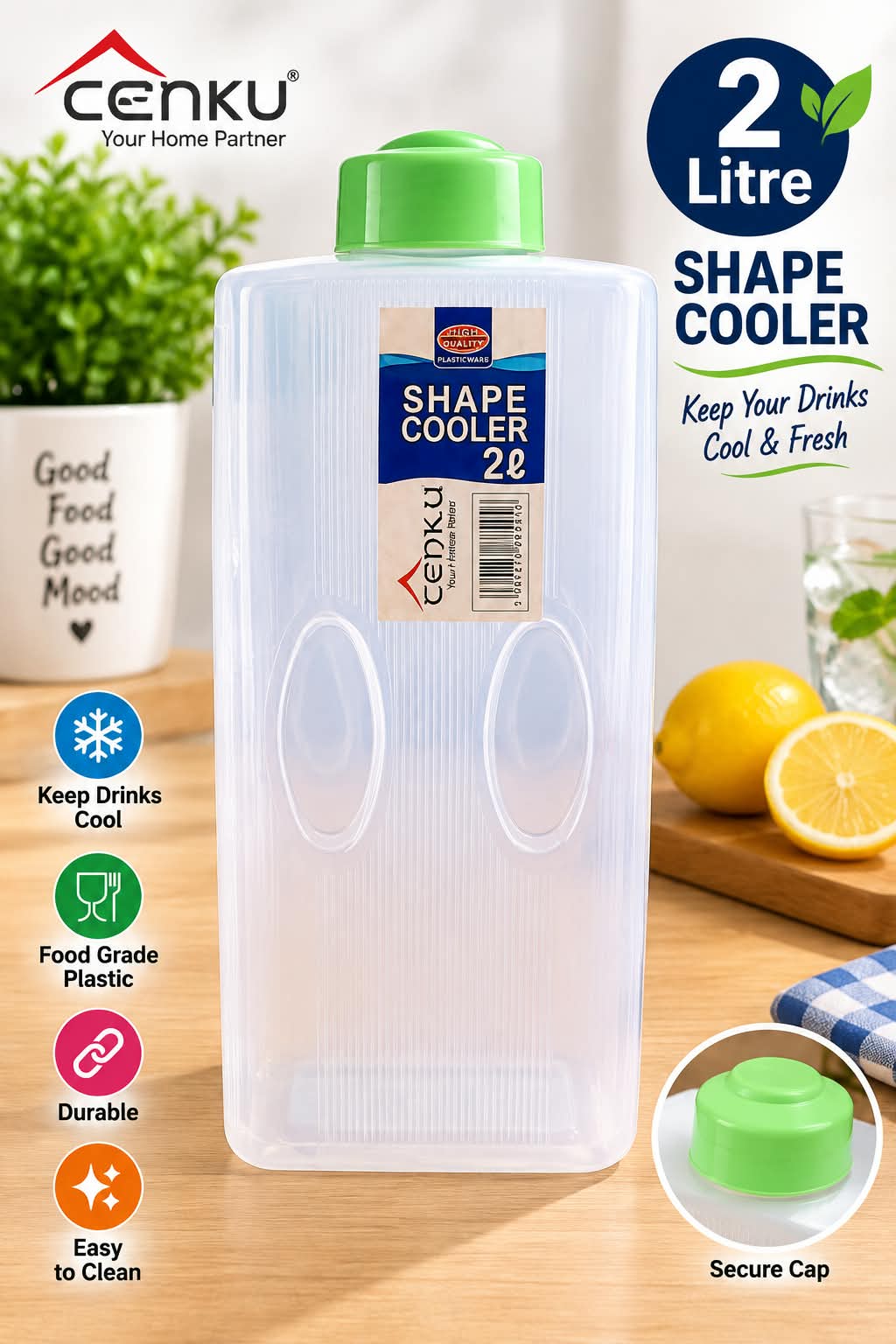 Cenku Shape Cooler 2 Litre – Keep Drinks Cool & Fresh | Secure Cap