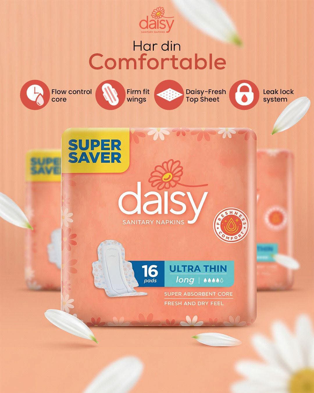 Daisy Sanitary Napkins – Ultra Thin Long | 16 Pads | Super Saver Pack