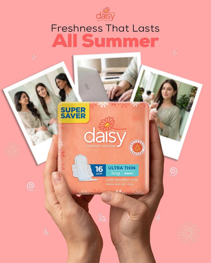 Daisy Sanitary Napkins – Ultra Thin Long | 16 Pads | Super Saver Pack