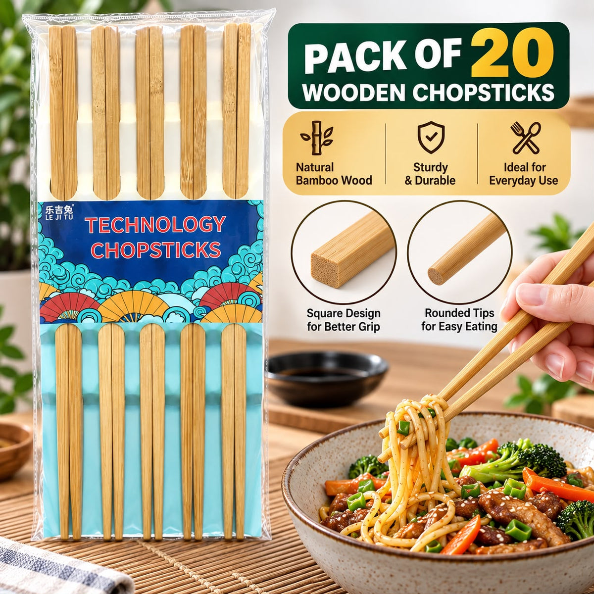 Wooden Chopsticks Pack of 20 – Natural Bamboo | Le Ji Tu