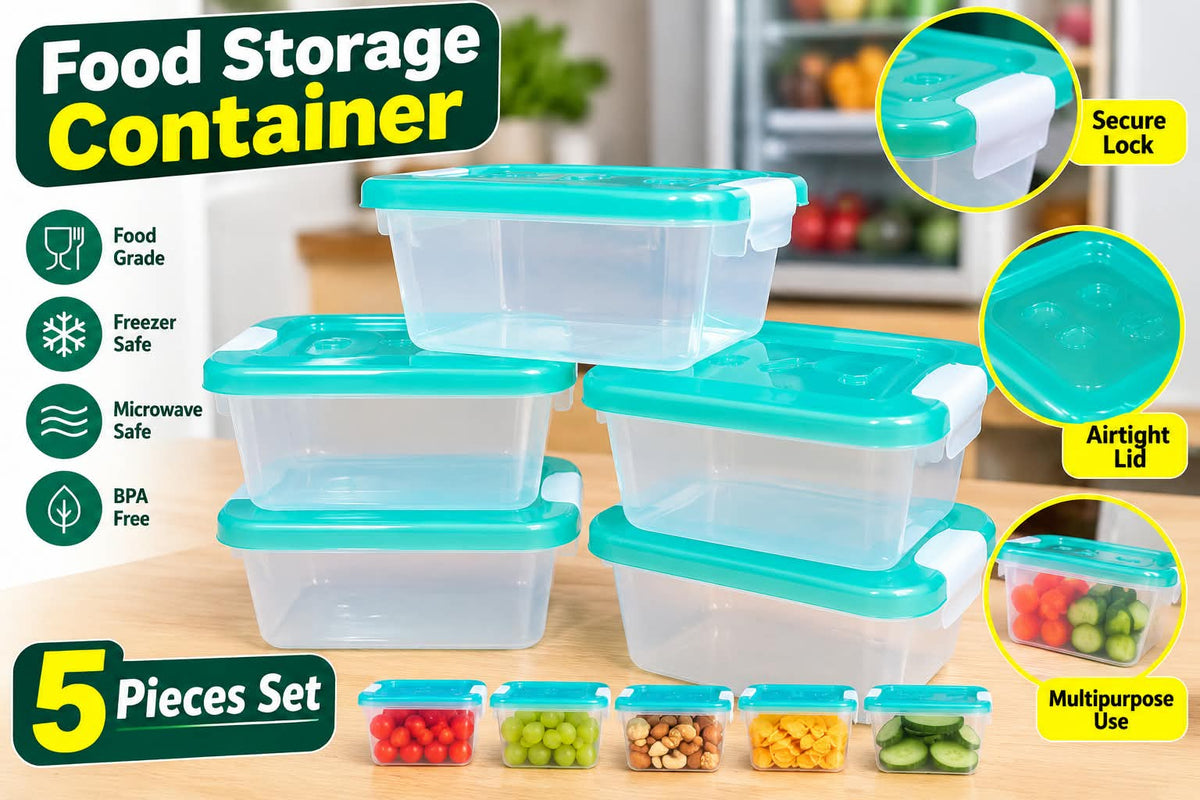 Food Storage Container 5 Pieces Set – Food Grade, Freezer Safe, Microwave Safe, BPA Free with Airtight Lids
